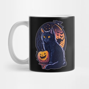 Halloween Black Cat with Pumpkin - Retro Meowloween Mug